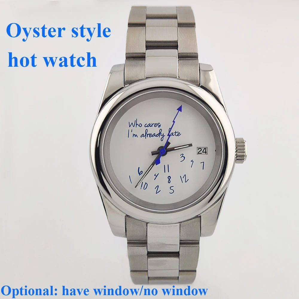 

36mm/39mm Who cares im already late Watch New Watch Blue Text Dial No Logo Oyster Case Sapphire Crystal Glass NH Movement 35