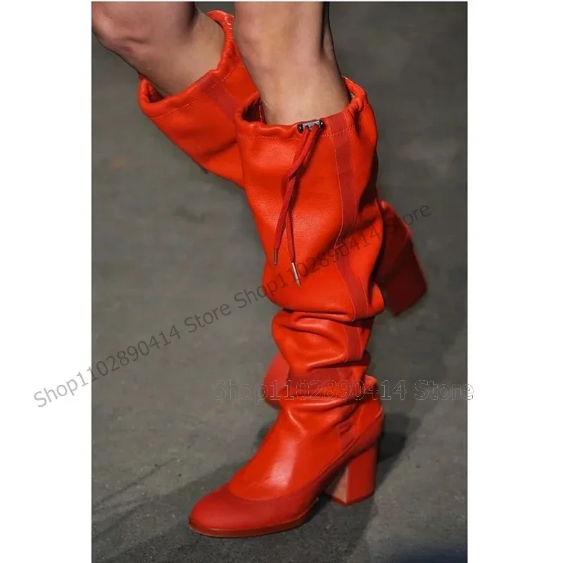 Red Elastic Band Sewing Design Round Toe Boots Slip On Women Shoes Chunky High Heels New Fashion Runway 2026 Zapatos Para Mujere