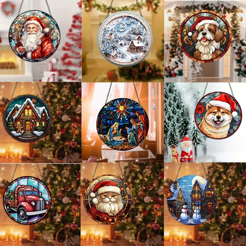Sunset Train Acrylic Round Plate Home Santa Claus Festival Window Wall Decor Creative Craft Party Pendant Christmas Decoration