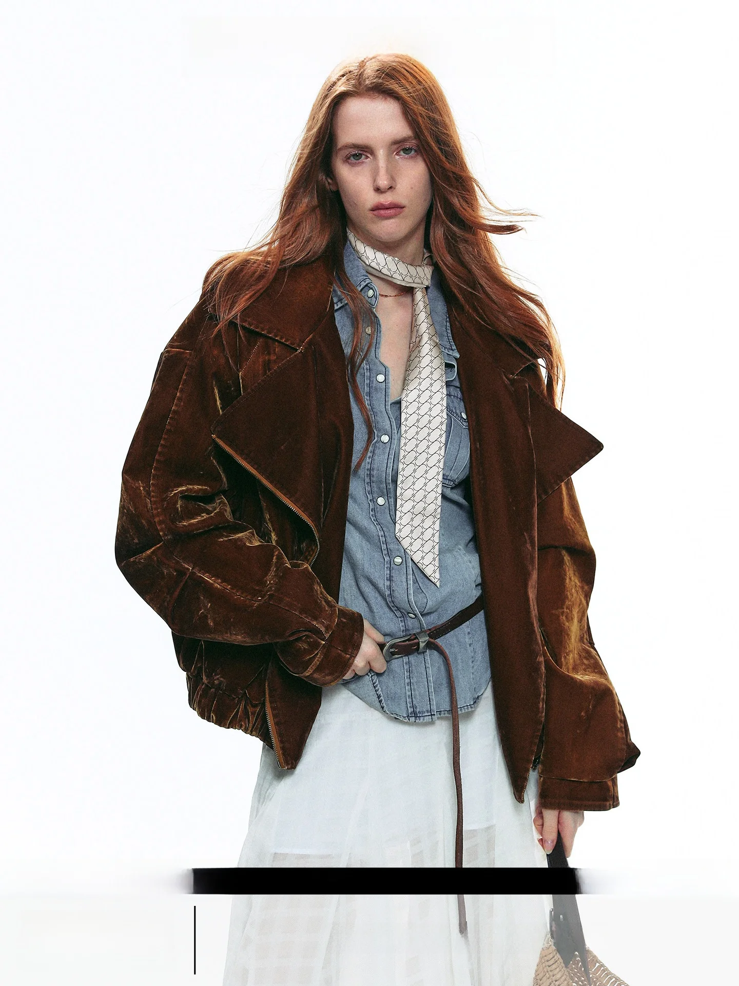 

Retro Sle ort Velour Feel Jaet Women's Faux Fur Collar Workwear Top Loose Fit Long Sve Zipper Closure Color