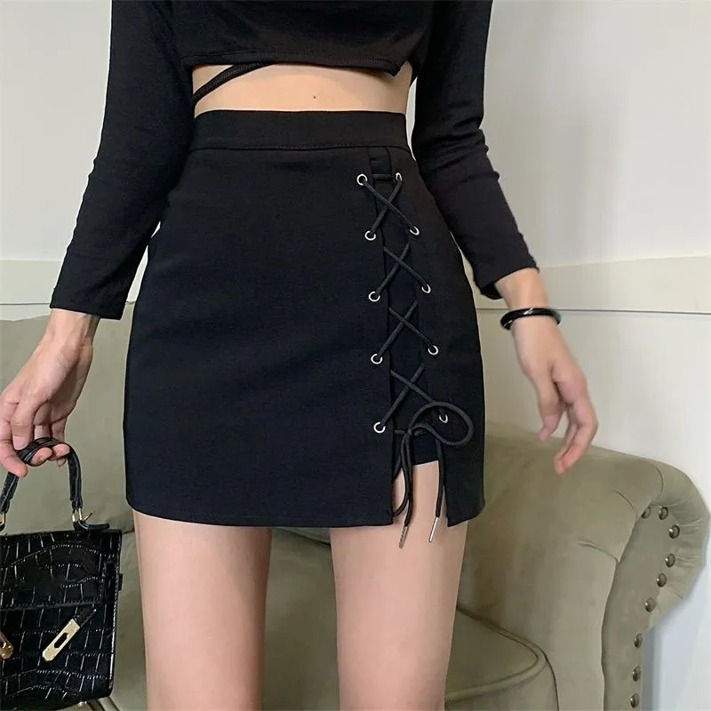 Women Summer Black Skirt Korean Lace Up Skinny Short Skirts High Waist Streetwear Gothic Y2K Bandage Female Skirt New