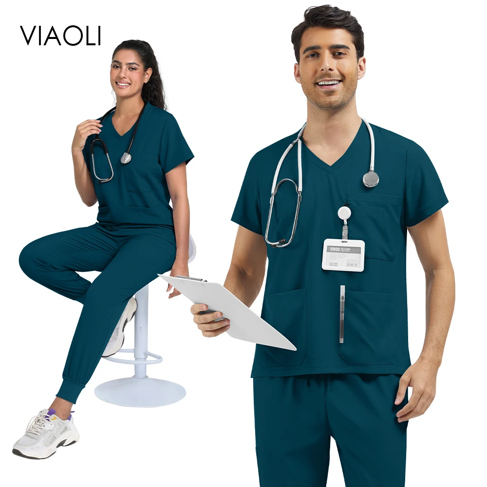 

Медицинская форма унисекс, аптечная клиническая спецодежда, женский комплект скрабов, эластичный топ с мягкими карманами и v-образным вырезом, спортивные штаны, больничный костюм