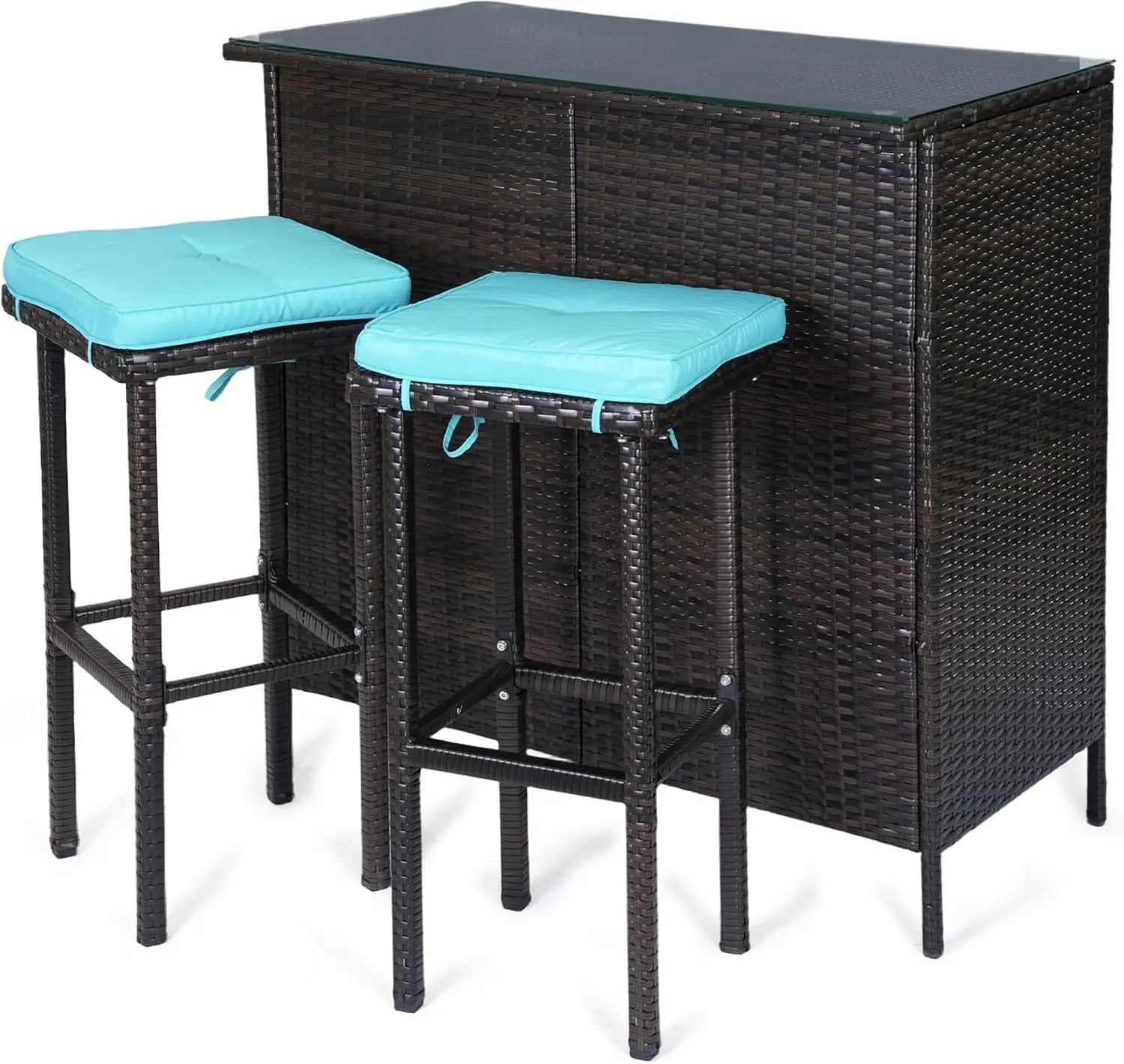 3 Piece Patio Bar Set Wicker Bar Furniture 2 Storage Shelves Glass Top Table Cushions Two Stools Outside Patio Entertainment Blu