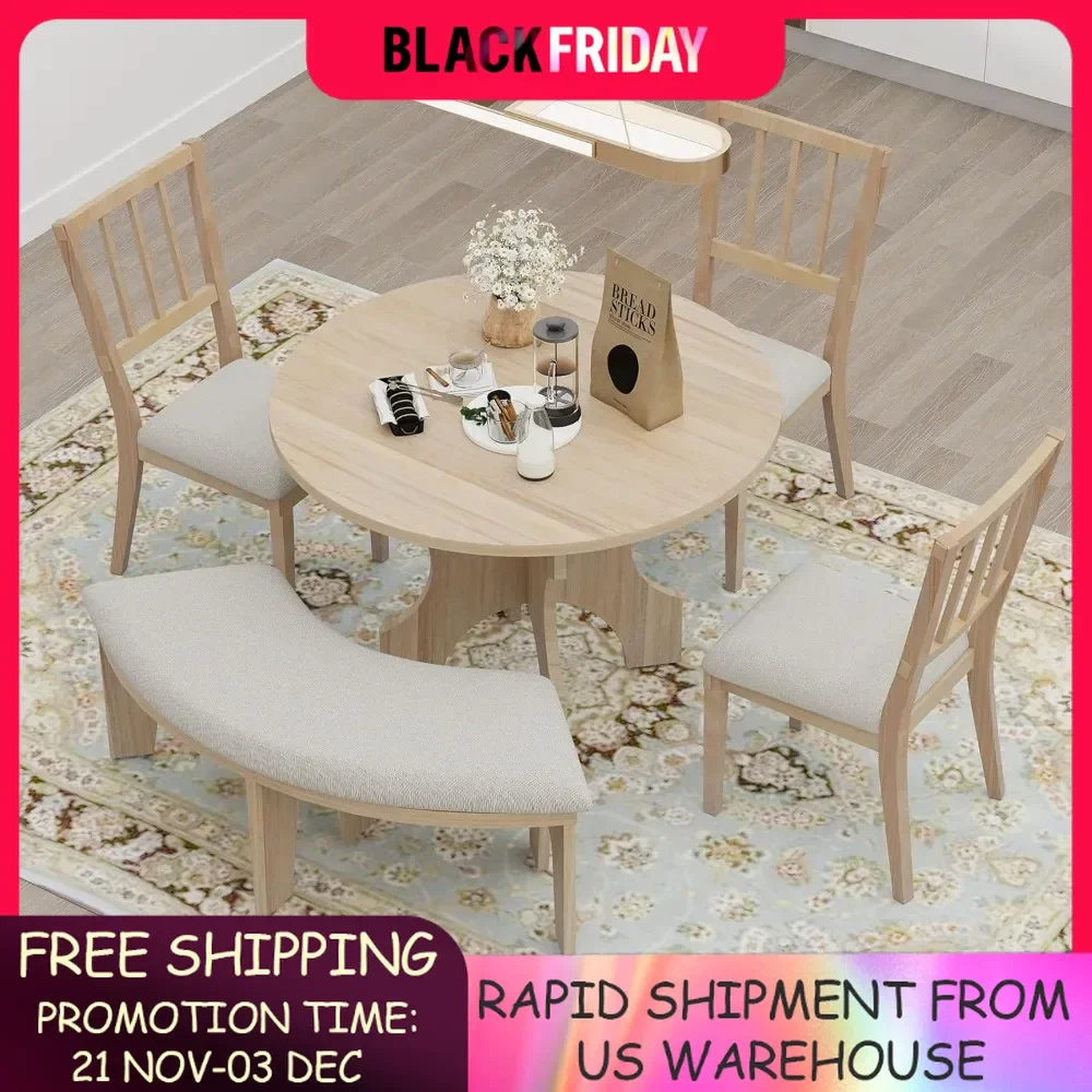 5-Piece Round Dining Table Set for 4 Round Kitchen Table Set with Curved Bench & 3 Chairs Retro Round Dining Room Set