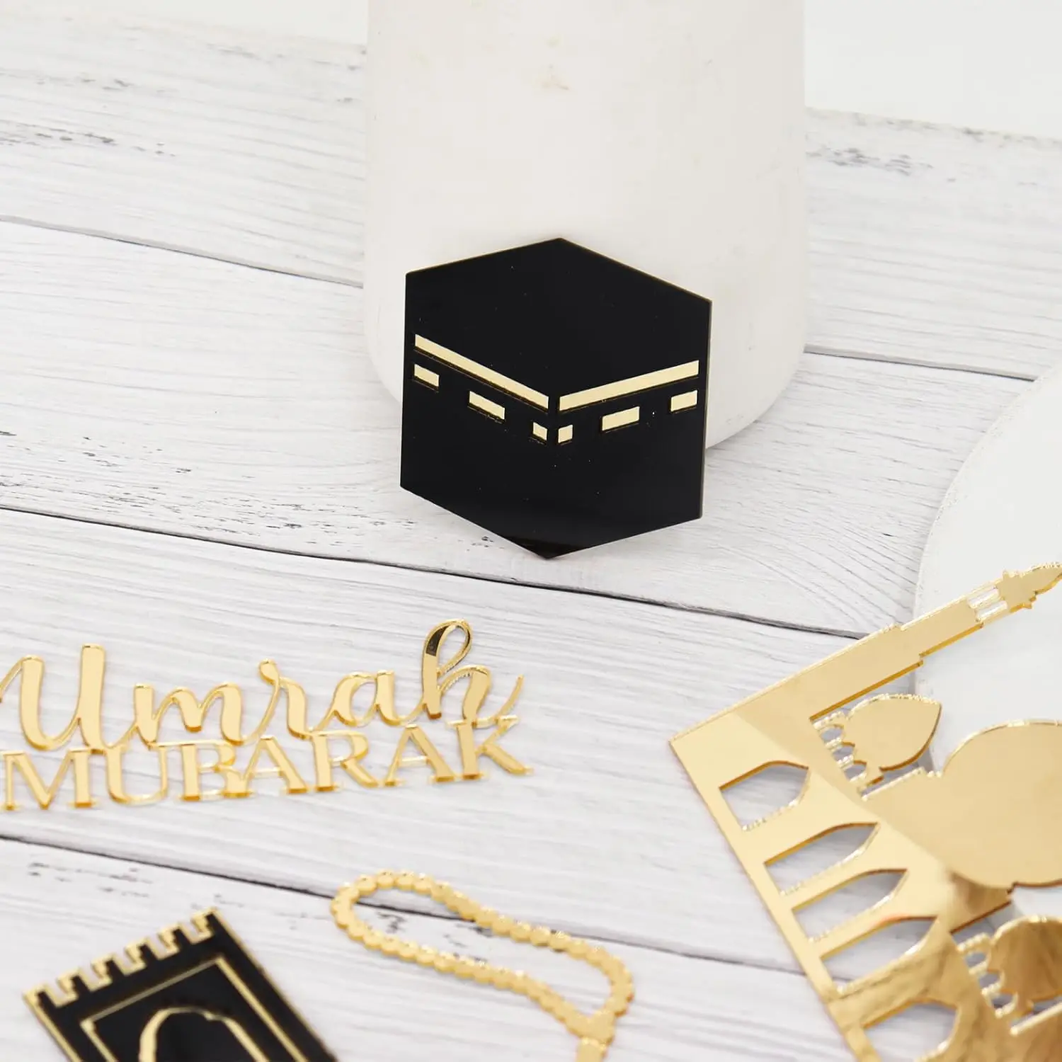 Paxrmuky Golden Muslim Umrah Mubarak Topper Hajj Mubarak Cake Topper ومجموعة ساحرة مكونة من 4 قطع #6