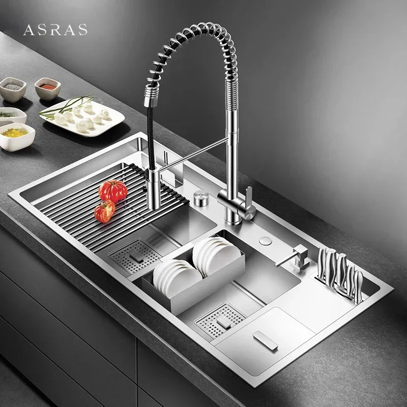 ASRAS New Three kitchen Sink 304 Stainless Steel 4mm Thickness Handmade Brushed Large Size Double Kitchen Sink With Trash Can