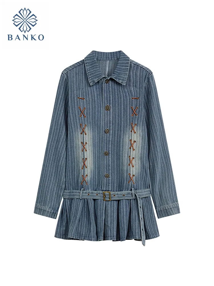 Preppy Style Denim Dress Blue Polo Collar Gyaru Kpop 2000s Aesthetic A-Line DressWith Belt High Waist Autumn Winter High Street