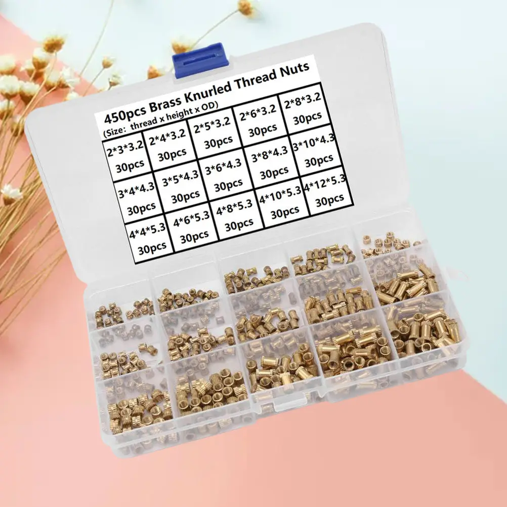 

Набор латунных накатных гаек (450 шт.) M2-M4, круглые, для термопластиковых вставок, электроники, автомобильной и медицинской промышленности