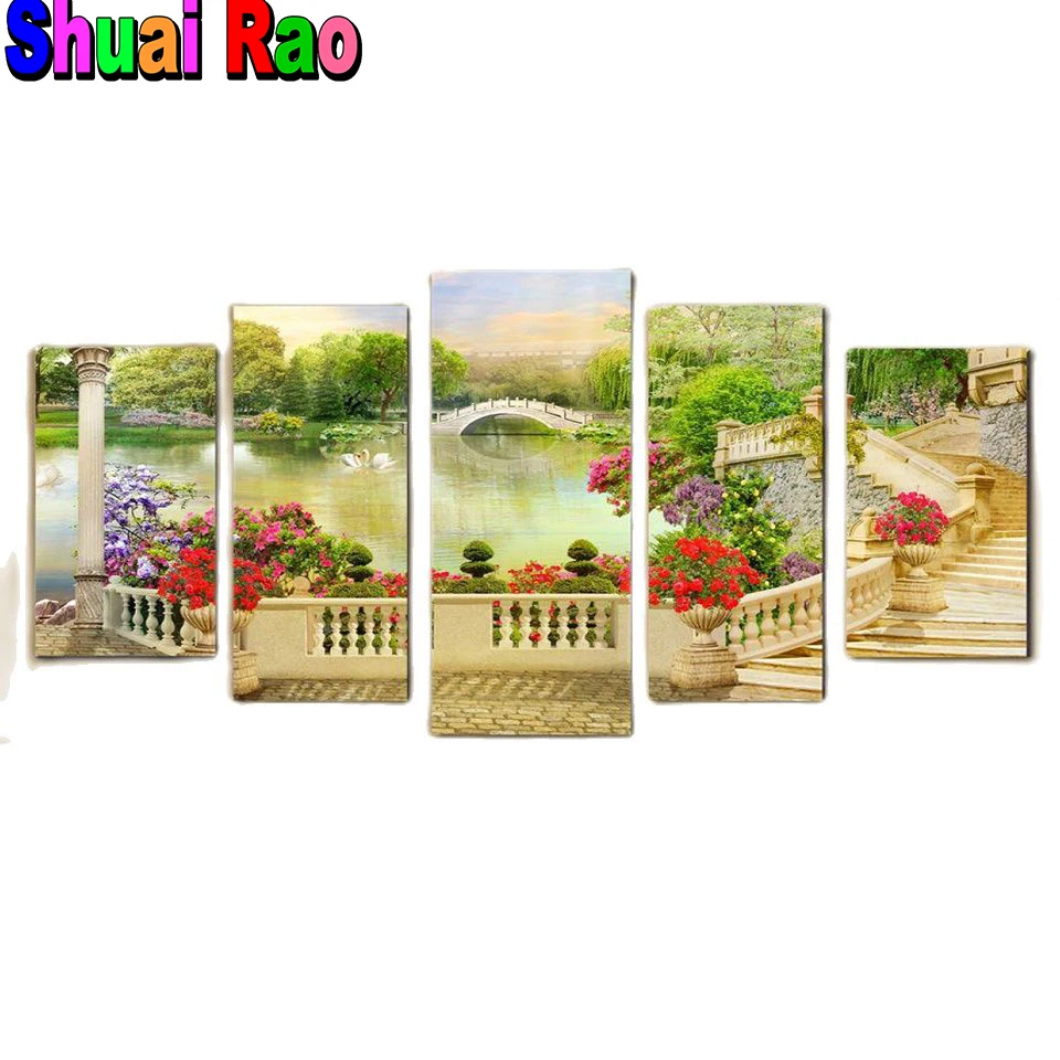 

5 Pcs Diamond Painting Lake Swan Garden Cross Stitch Kits Diy Full Diamond Embroidery Mosaic Home Sweet Home Multi Panel,