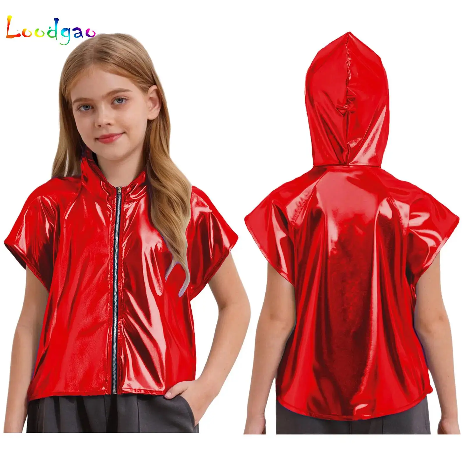 

Kids Boys Girls Jazz Hip Hop Dance Party Stage Performance Costume Sleeveless Metallic Hooded Disco Vest Zipper Waistcoat