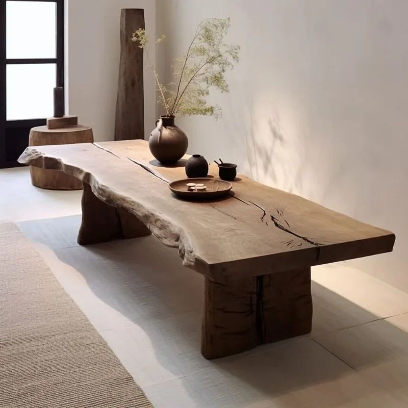 Wabi-sabi wind classical log tea table retro old natural surface decoration display long table homestay solid wood dining table