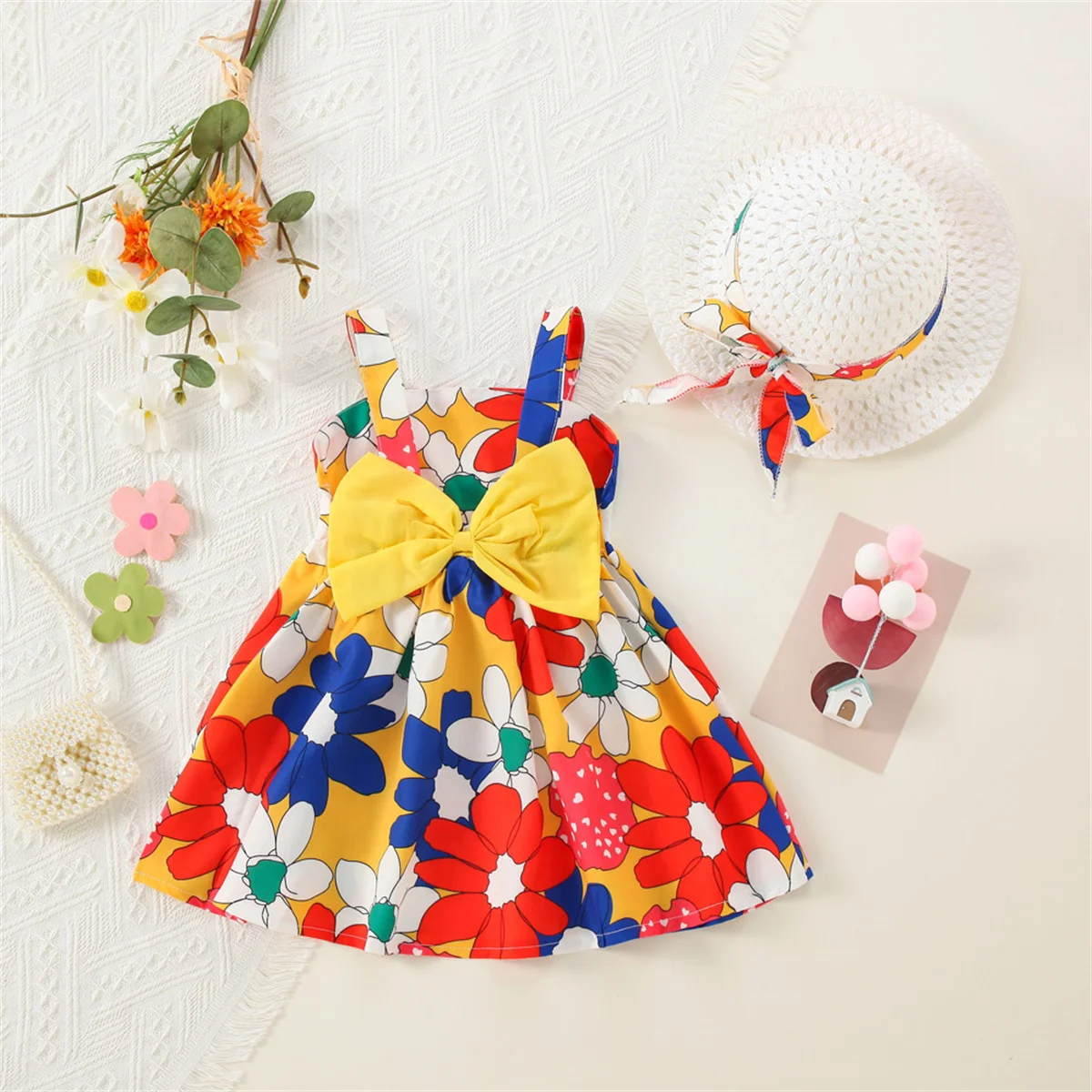 0-3 Year Old Baby Girl'S Dress 2 Pieces/Set As A Gift Hat New Style Back Bow Colored Large Flower Suspender Daily Casual Dress