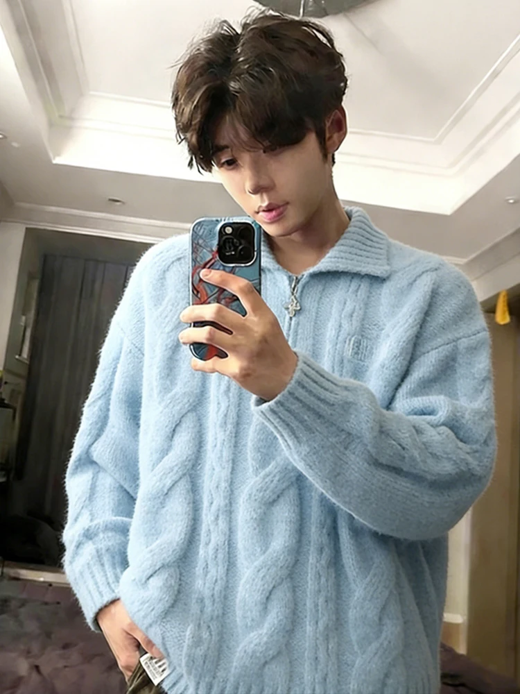 

Blue Knitted Sweater American Retro f Zipper Flip Collar Lazy Yarn Coat for Men Loose Fit Long Sve Casual Wear