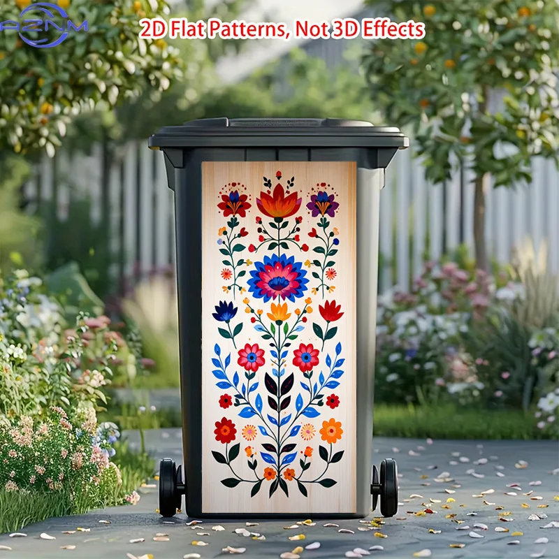 Bright Colorful Trash Can Stickers | Traditional Decor Peel And Stick Stickers, Folk Art Design Trash Can Decal Vibrant Floral