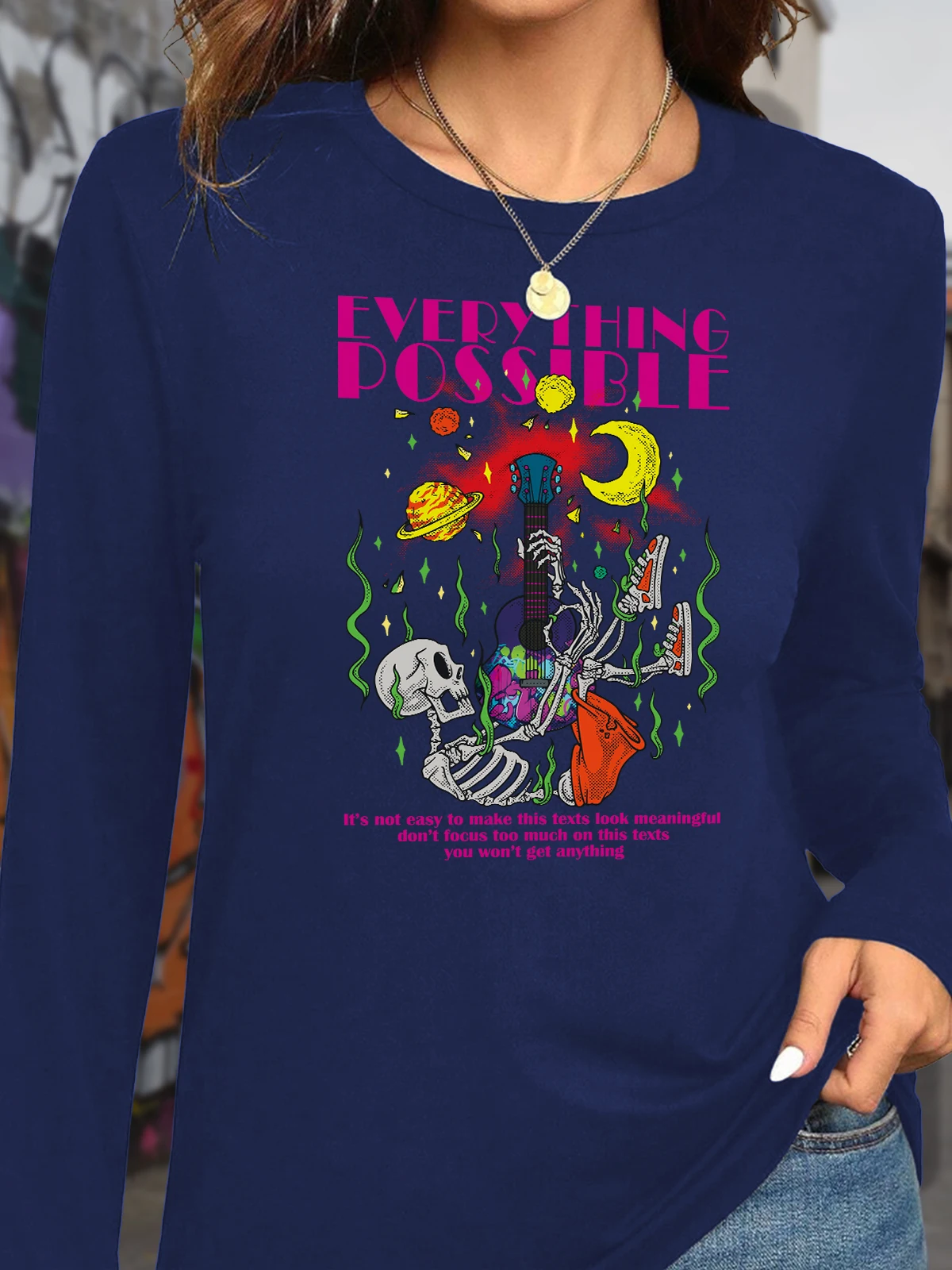 

Women's Trendy Crew Neck Long-Sleeve Top Skull Music World Print Sweet Edgy Daily Casual Style Perfect Inner Layer for Autumn