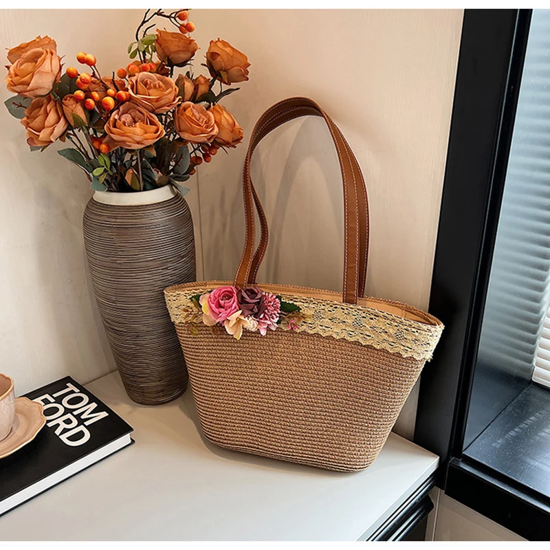 

Женская плетеная сумка-корзина ручной работы с цветочным кружевом, в пляжном стиле, на плечо, большая вместимость, из травяного плетения