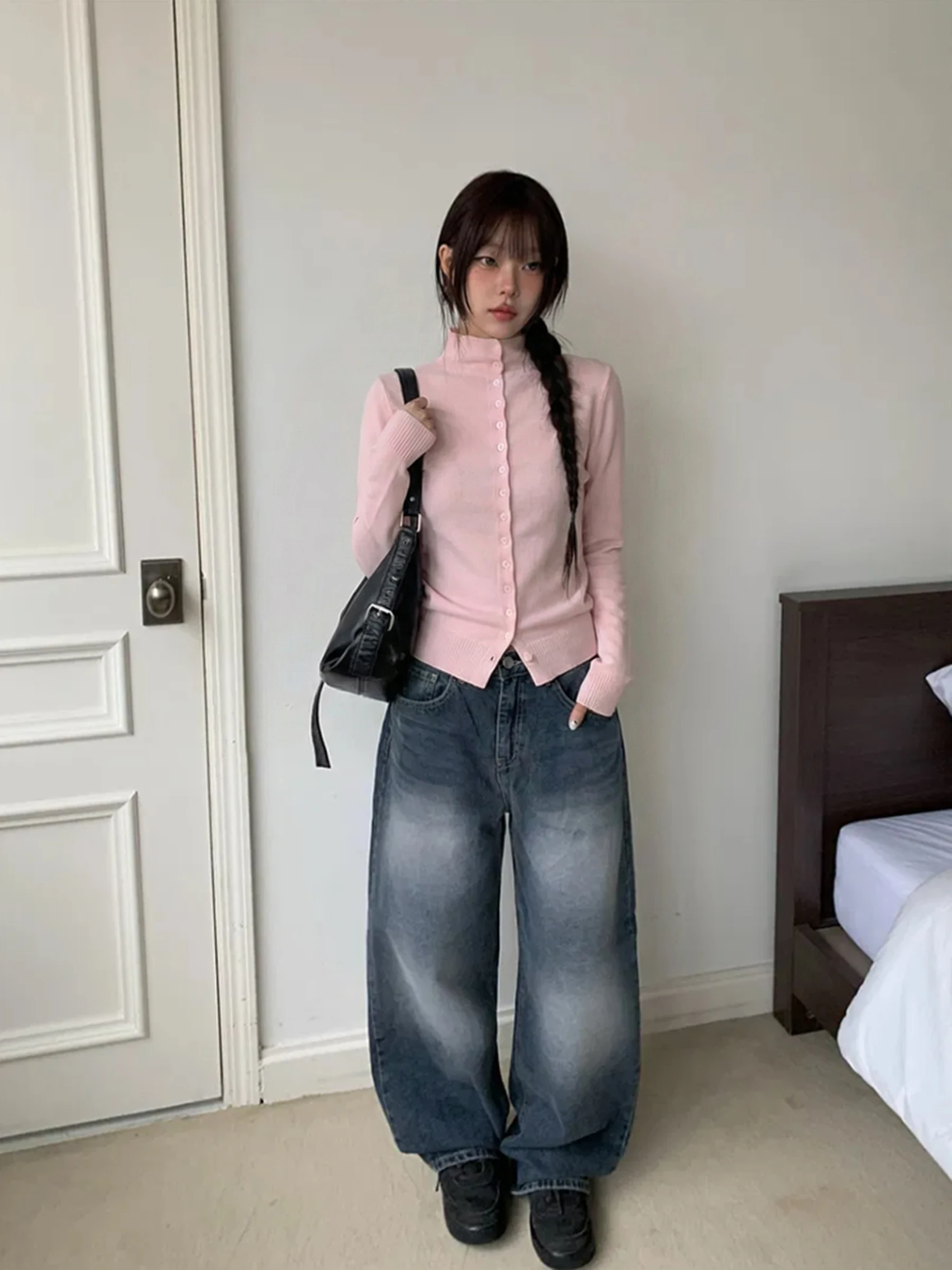 

Pink High Collar Knitted Sweater Women's Slim Fit Base Layer Cardigan Top Korean Sle Spring Autumn Winter Beautiful