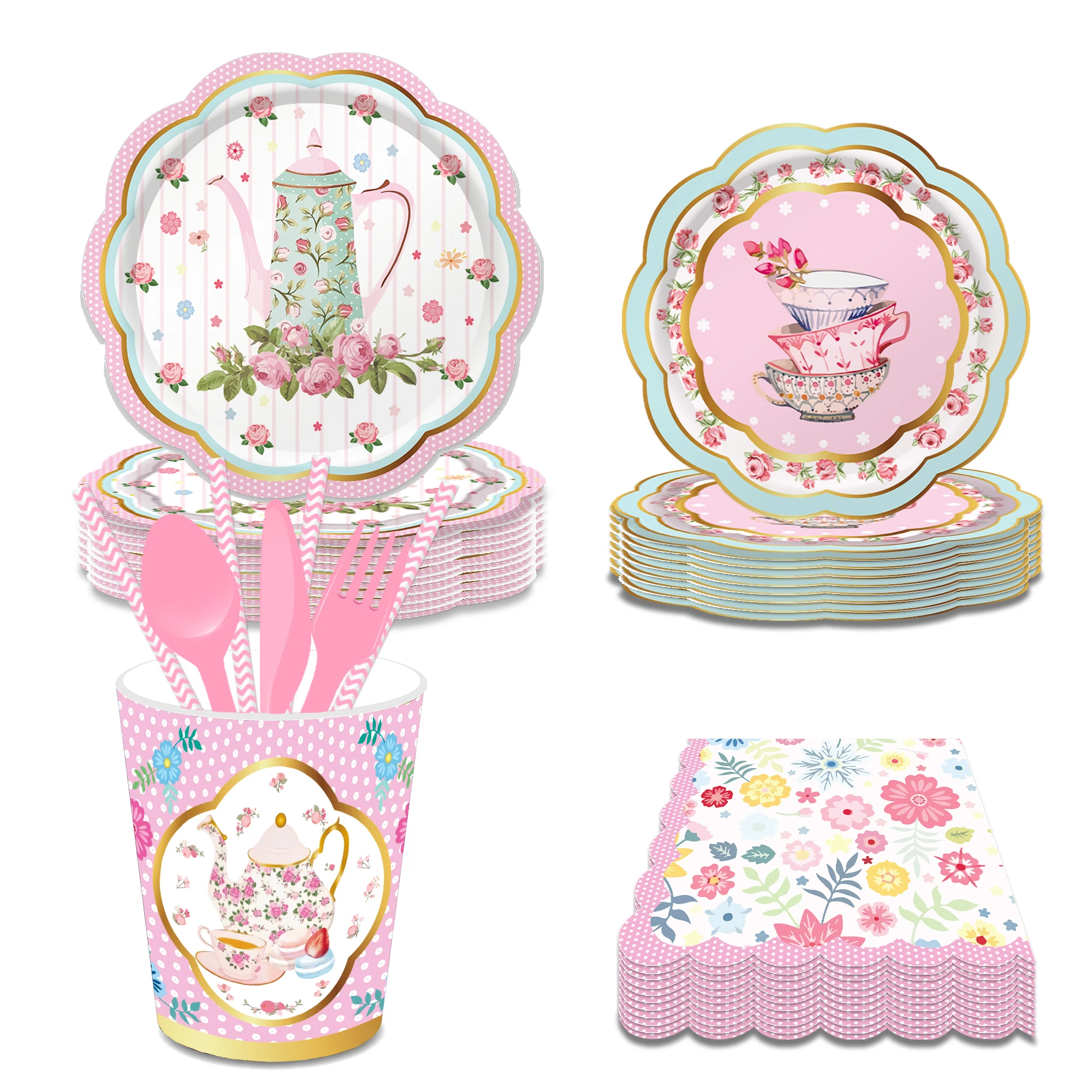 Girls Tea Party Disposable Tableware Sets Afternoon Tea Time Teapot Flowers Birthday Plates Cups Napkins Baby Shower Party Decor