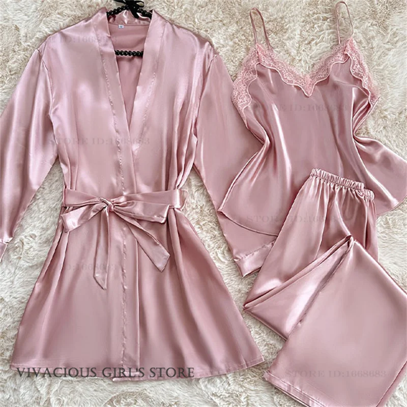 

SEXY Pajamas 3PCS Set Spring Autumn Homewear Pijamas Suit Elegant Silk Satin Sleepwear Bathrobe Trouser Suit Loose Loungewear
