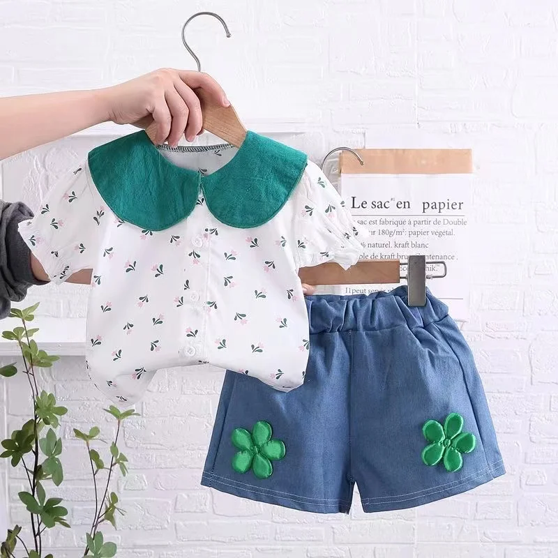 

Summer Cute Sweet Baby Girls Floral Clothes Sets Fashion Kids Doll Collar Shirts Tops+ Denim Shorts 2Pcs Suit Girls Outfits 2024