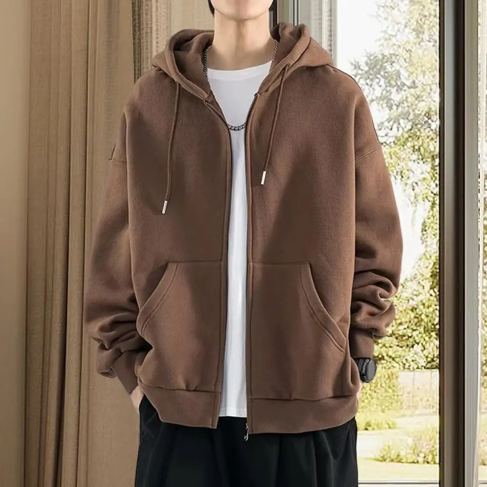 Male Clothes Black Solid Sweatshirt for Men Full Zip Up Hooded Hoodies Winter Offers High Quality Korean Style