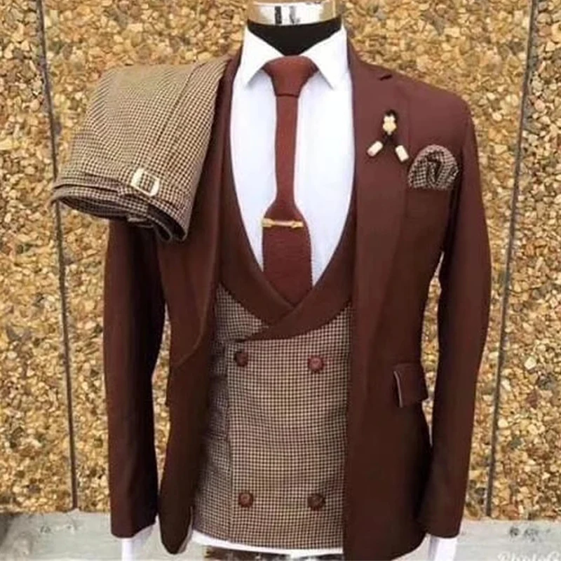 Elegant Burgundy Men Suits Slim Fashion Groom Party Bridegroom Tuxedo Chic Business Casual Male Suit 3 Pieces (Jacket+Pant+Vest)