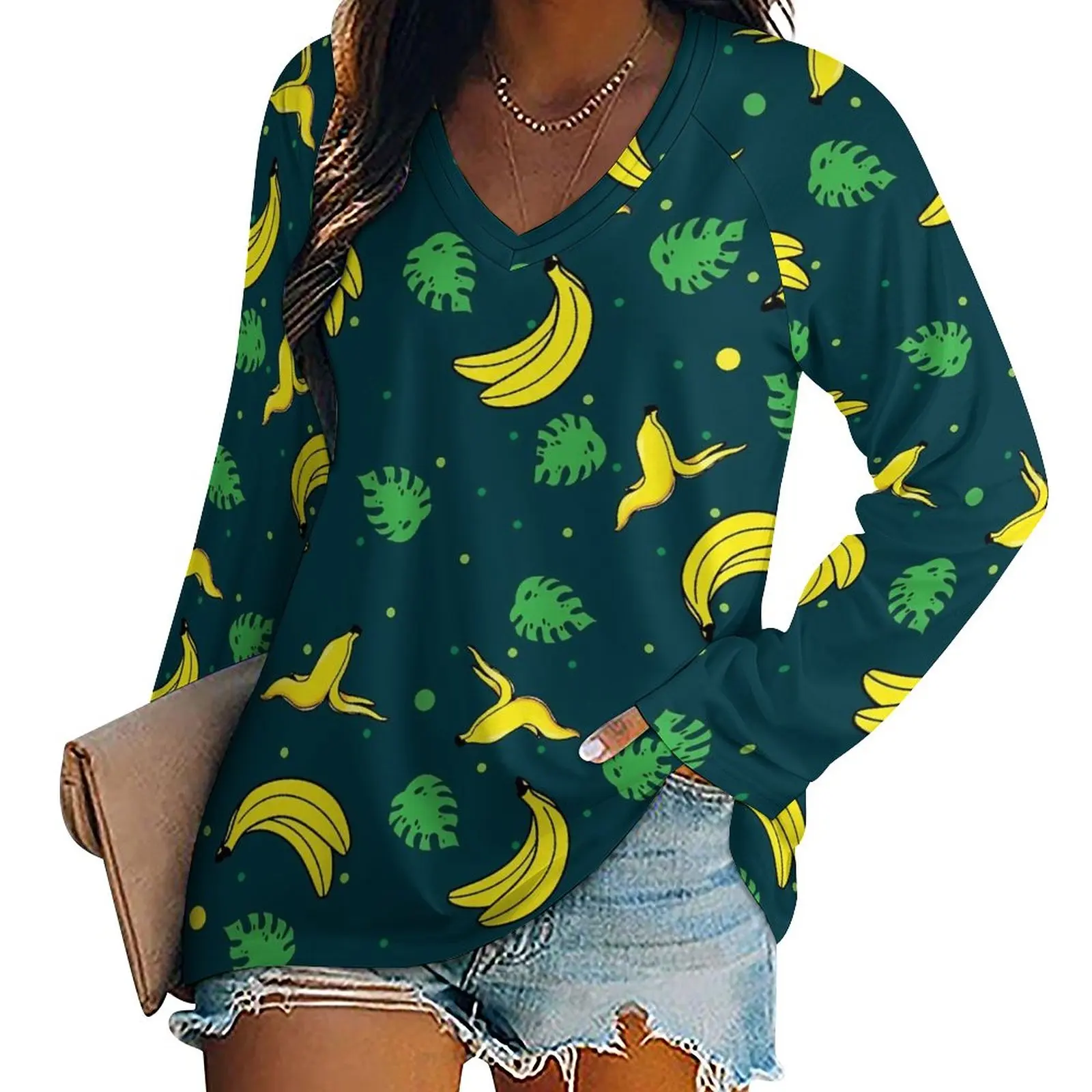 Banana Print T-Shirt Autumn Green Leaves Street Wear T-Shirts Long-Sleeve Vintage Tee Shirt Womens Pattern Tees Large Size 6XL