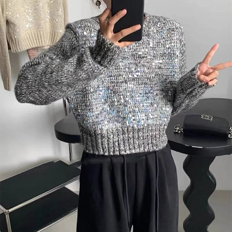 New Korean Round Neck Short Pullover Sequin Knit Sweater with a Lazy and Stylish Design Colorful Yarn Fashion Sweater