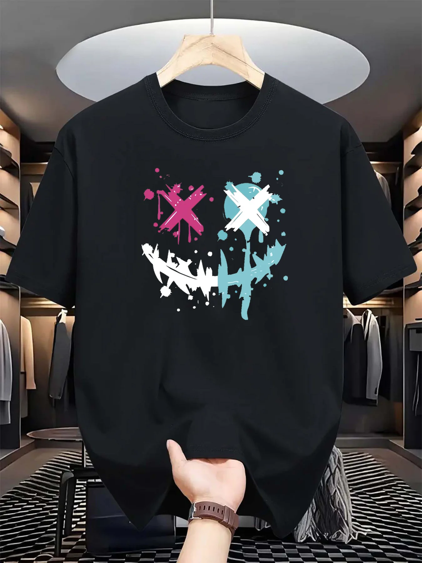 

2025 Men's Large Size Summer Pure Cotton Casual Loose Solid Color Smiley Face Printing Sports Crew Neck Short Sleeve T-Shirt Top