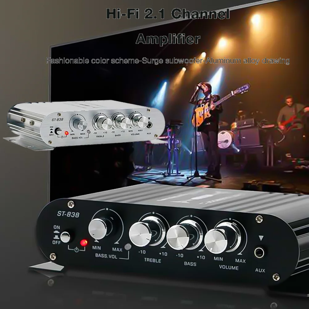 

Усилитель мощности ST838 HiFi 2.1-канальный с регулировкой басов и высоких частот, 80 Вт*2, стереоусилитель басового звука, усилитель для сабвуфера, черный, для автомобиля и дома