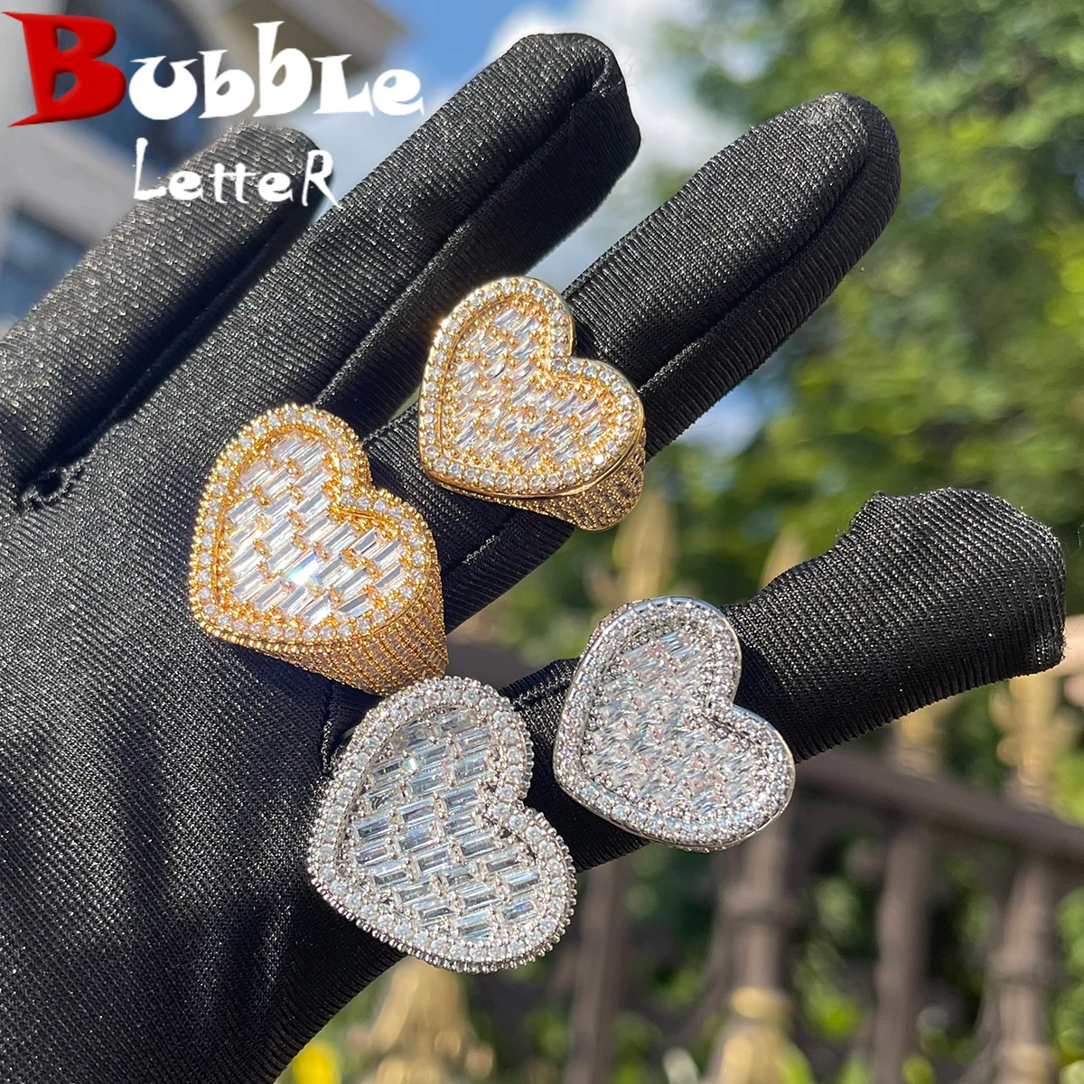 Bubble Letter Baguette Heart Ring for Women Iced Out Charms for Fingers Prong Setting Micro Pave Real Copper Hip Hop Jewelry