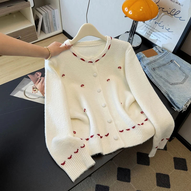 Cárdigan de punto coreano con decoración de setas para mujer, suéter suave de manga larga con cuello redondo a la moda, Tops sueltos y suaves para mujer