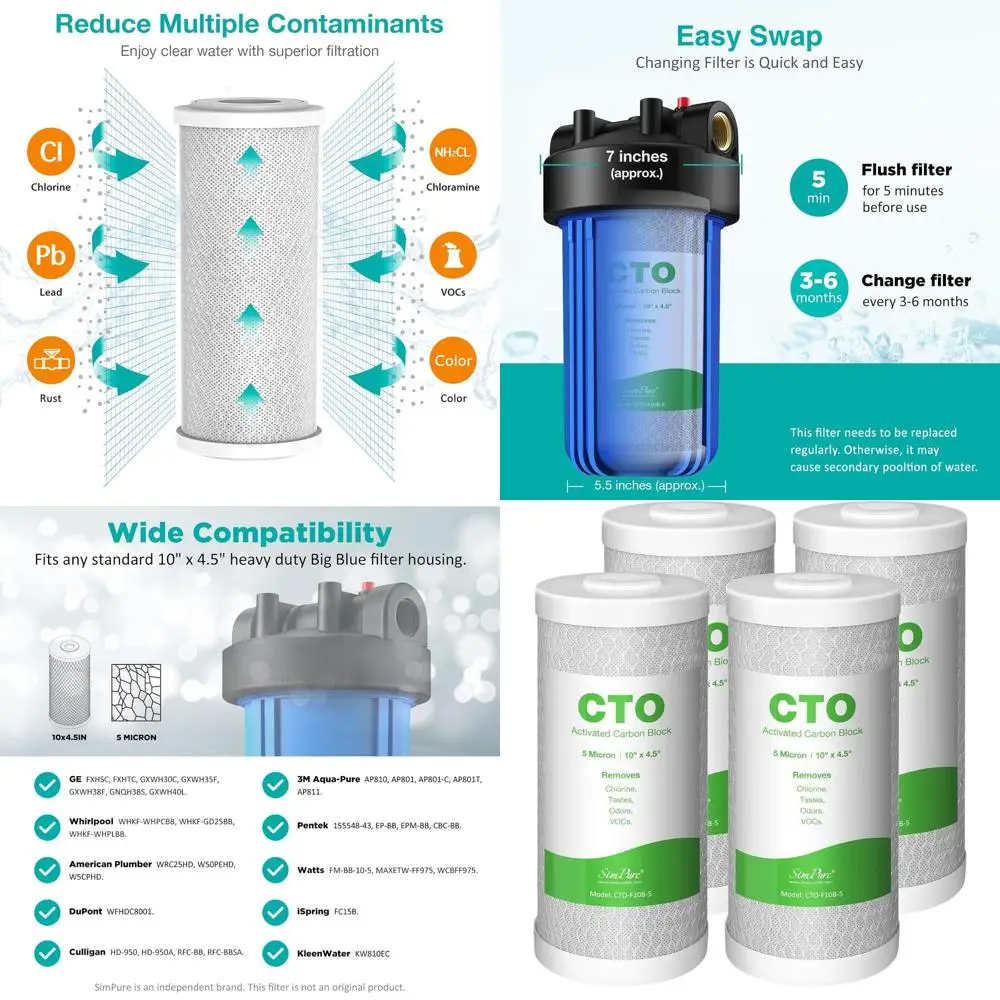 

10 x 4.5 5 Micron Whole House CTO Carbon Block Filter Cartridges, 4-Pack