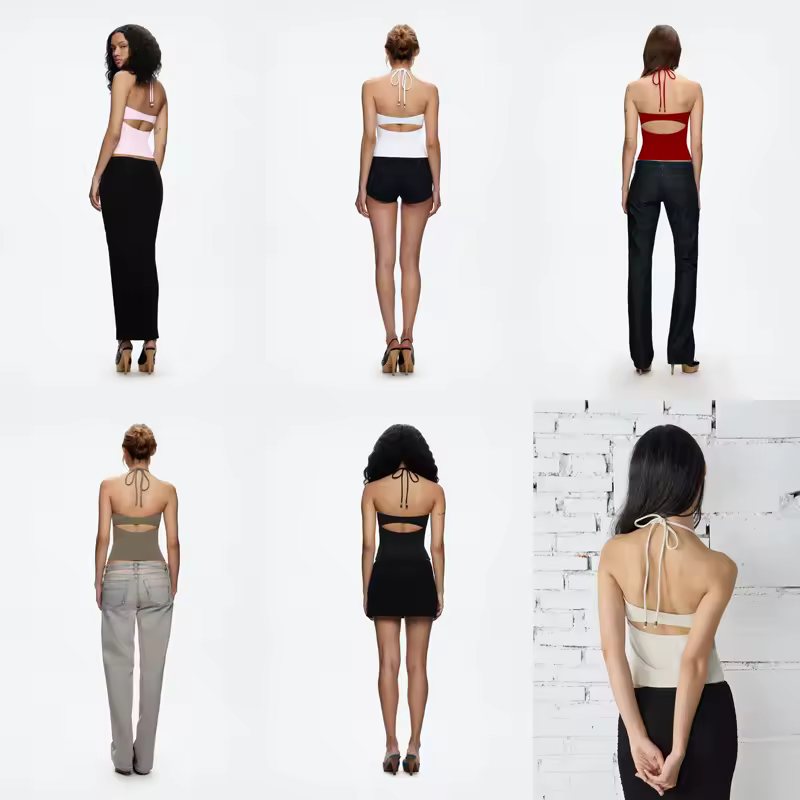 Tank Women's Open-Back Stretchy Camisole Top with Metal Accessories and Self-Tie Shoulder Straps, Low-Neck Sexy Halter Top - Image 4