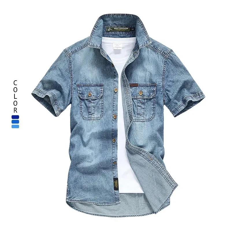 GL Men's Summer Short Sleeve Denim Double Pocket Solid Casual Cowboy Jeans Men Designer Blue Blouse Shirts M-5XL