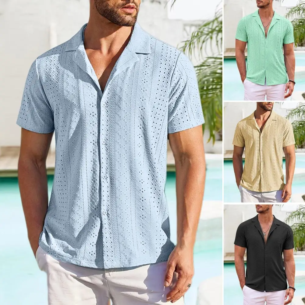 Men Summer Shirt Turn-down Collar Short Sleeves Hollow Out Breathable Buttons Single-breasted Mid Length Vacation Beach Tops