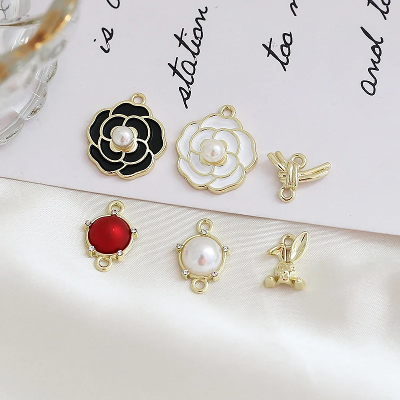 1pcs Alloy Pearl Flower Temperament Rhinestones Double Hanging Bunny Diy Handmade Jewelry Accessories Earrings Material Charms