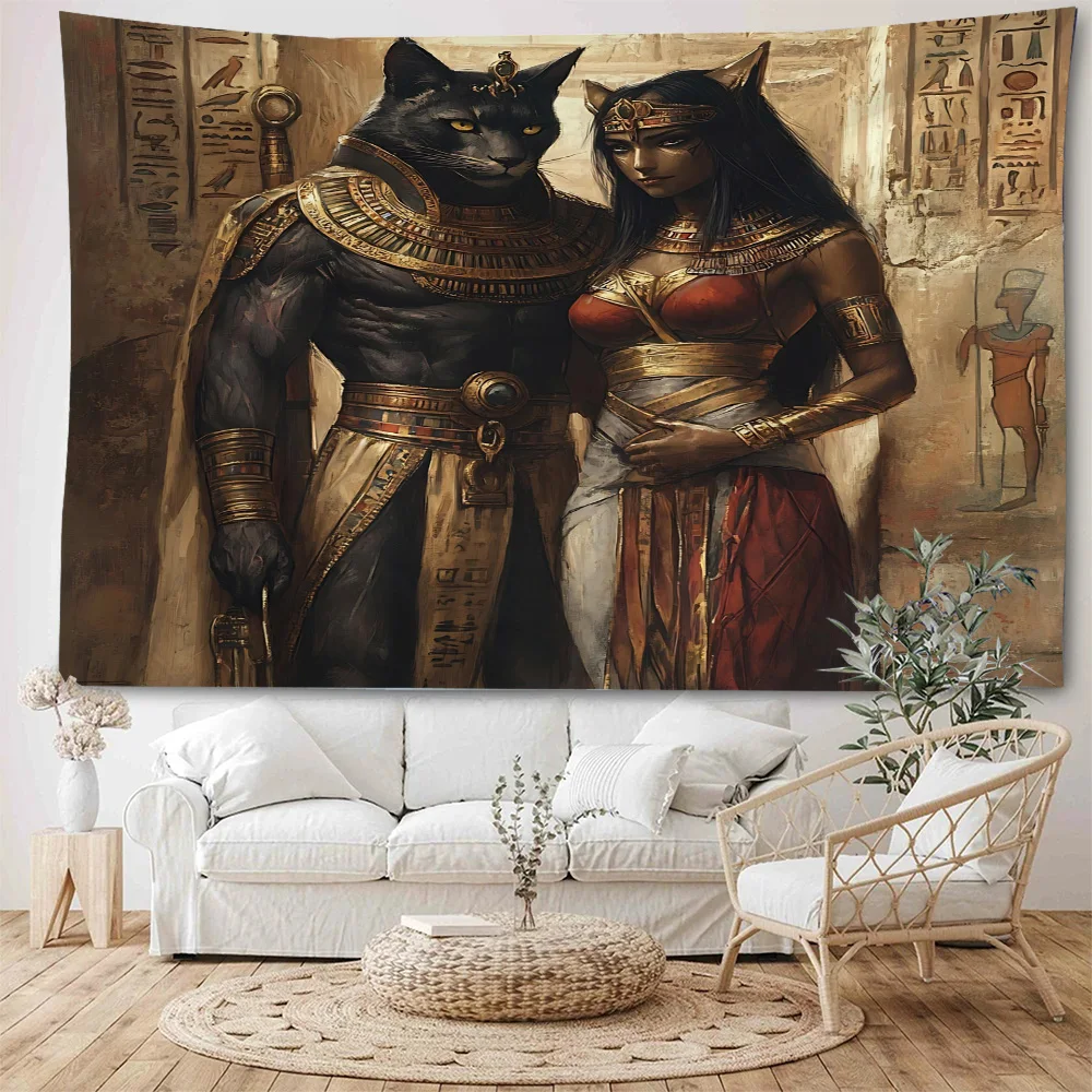 Egyptian mythology, Anubi god, guardian temple, Anubi god and beautiful woman background decoration tapestry