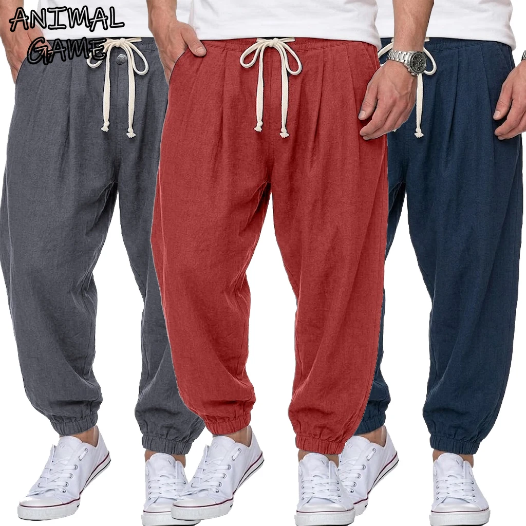 

Мужские хлопковые льняные брюки в корейском стиле, повседневные свободные шаровары для спортзала, осенние и весенние брюки-харемы на шнурке, уличная одежда для мужчин