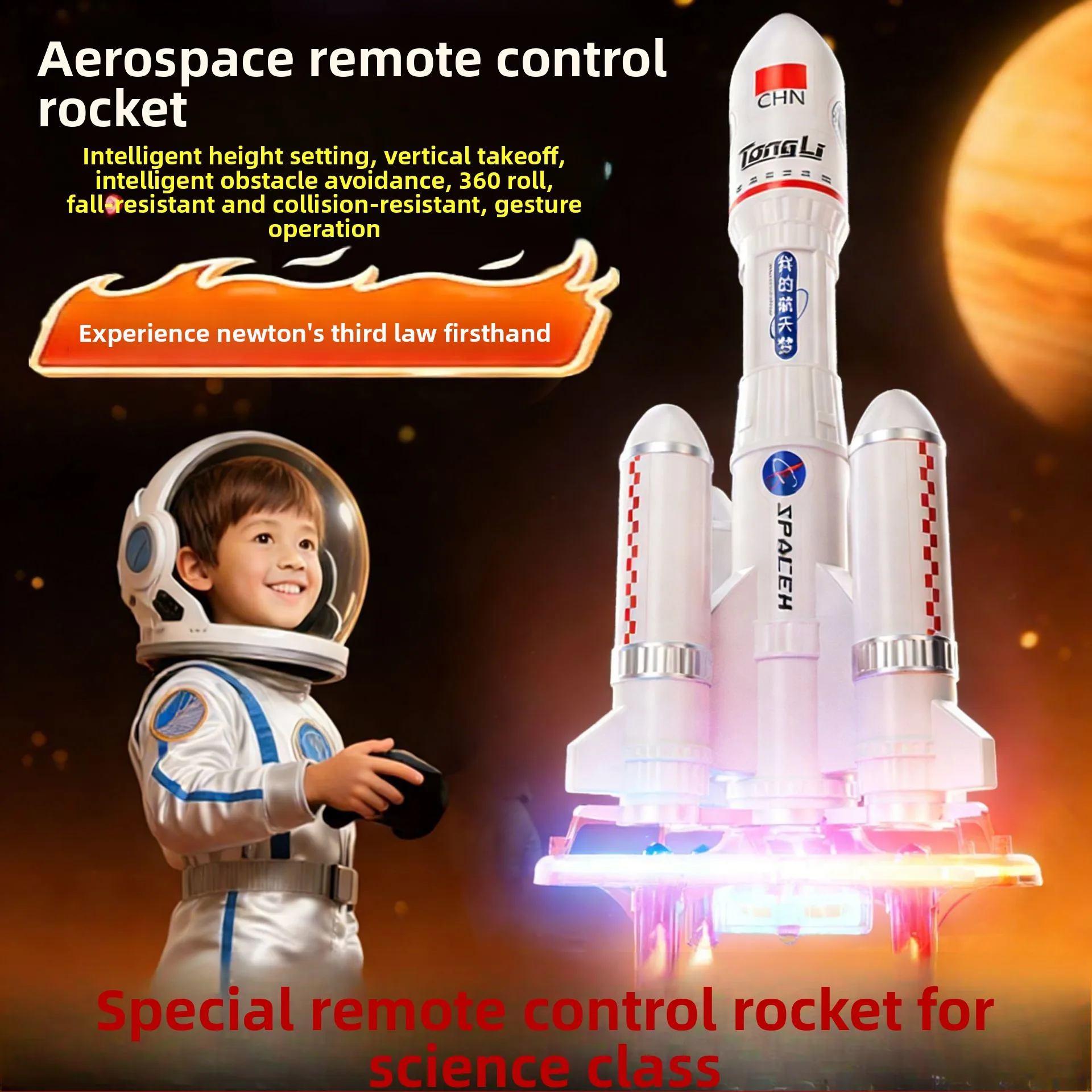 

28-сантиметровая космическая ракета на радиоуправлении, мини-дрон-космонавт с LED-подсветкой и эффектом огня, вращение на 360° ° Детский квадрокоптер-игрушка