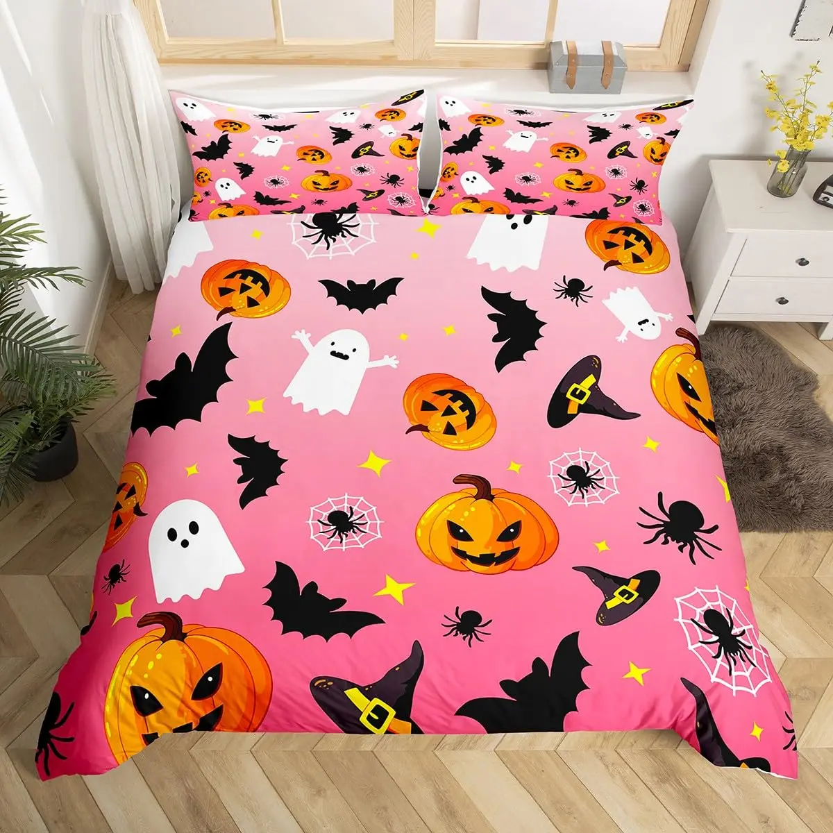 

Cute Ghost Duvet Cover Halloween Theme Yellow Bedding Set Pumpkin Lantern Floral Ghosts Comforter Cover Polyester Quilt Cover