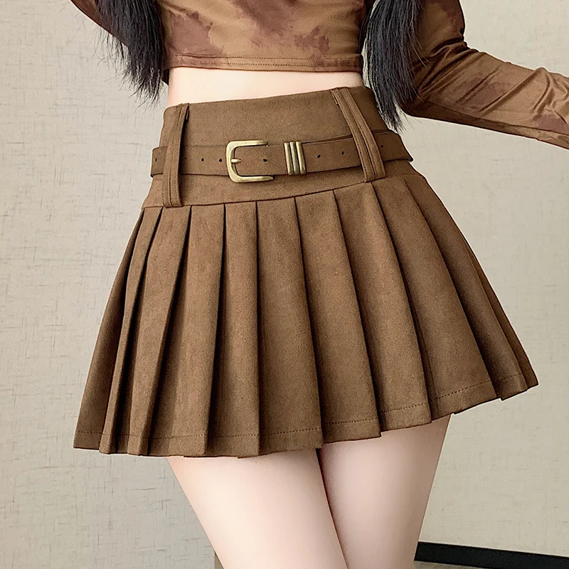 

2025 Новые замшевые плиссированные мини-юбки для женщин, юбка-миди трапециевидной формы с высокой талией, весенне-осенний стиль и элегантный дизайн