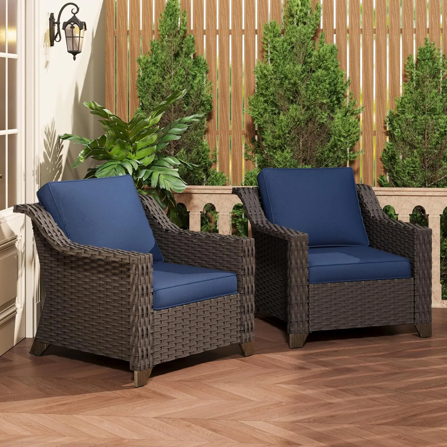 Poltrone da esterno in rattan PE da 2 pezzi con cuscini lavabili, blu navy