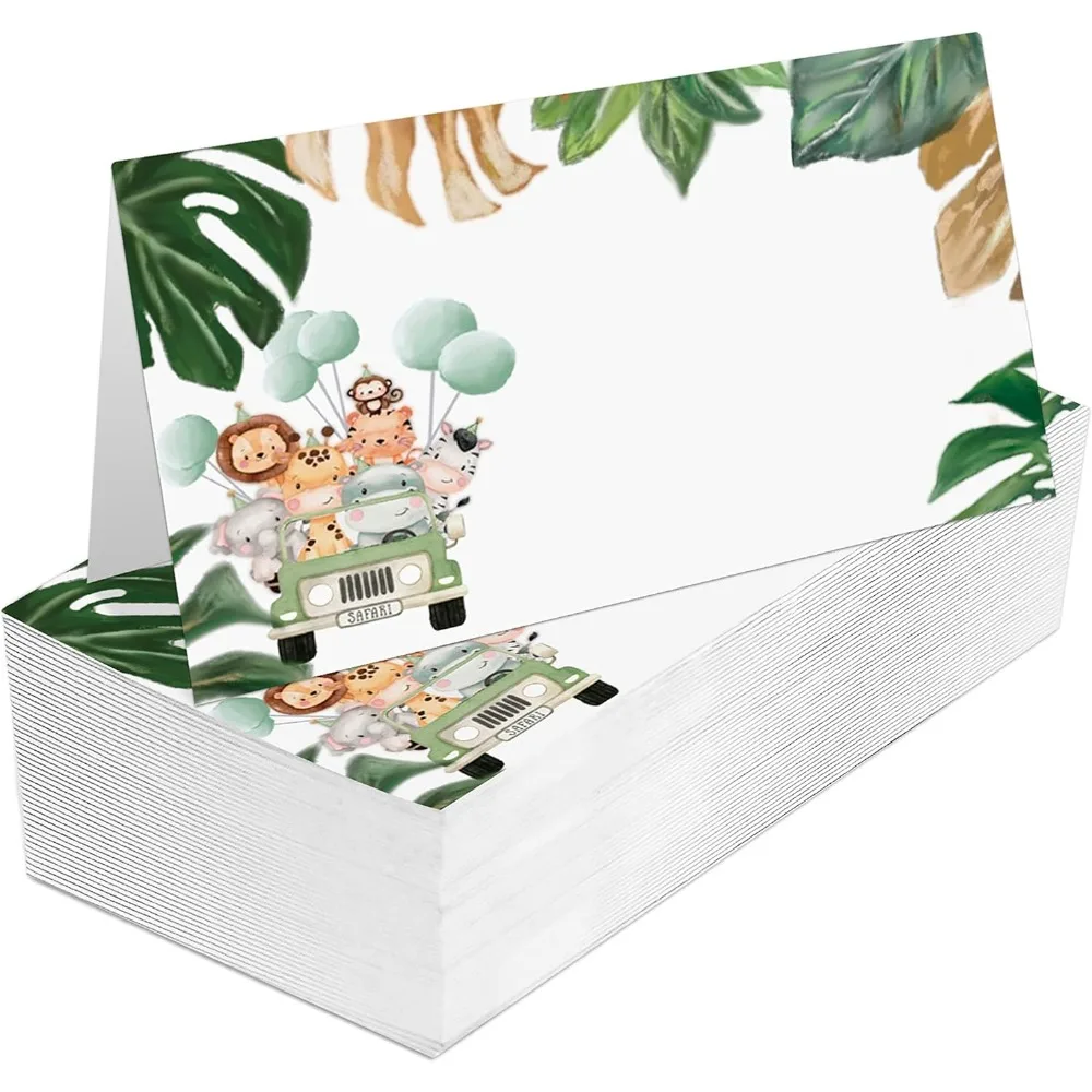 

Place Cards for Wedding, Birthday Or Party, Safari, Jungle Forest, Tropical Animals Filled-In Name Place Cards, Foldover Seating
