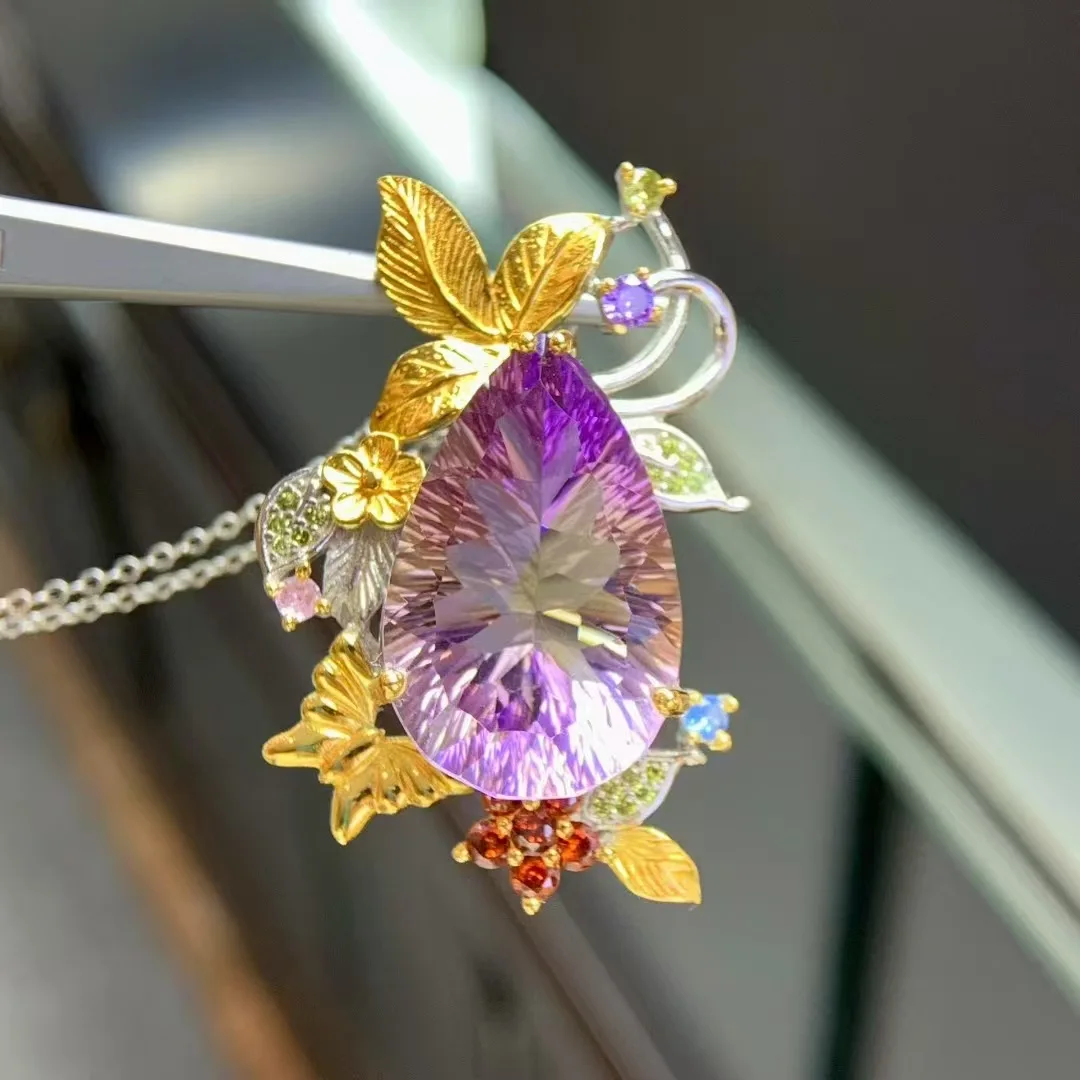 

Natural Ametrine Pendant 16x25mm Pear Cut Bi-Color 925 Silver Two-Tone Floral Butterfly Handmade Pendant (Chain Not Included)