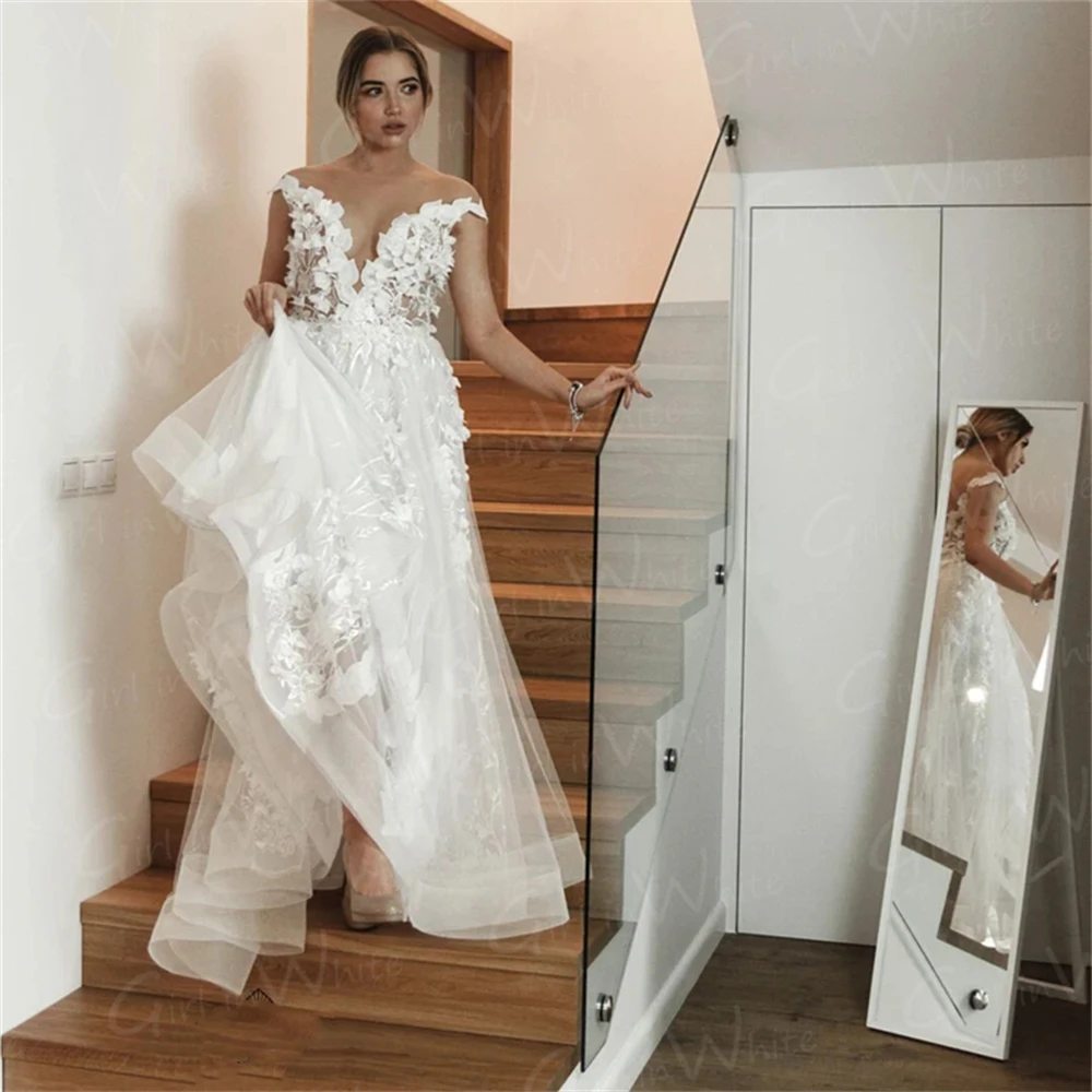 Uma linha vestido de casamento com tampa manga sexy decote em v profundo apliques vestido de noiva vestido de noiva vestidos de novia robe de mariée