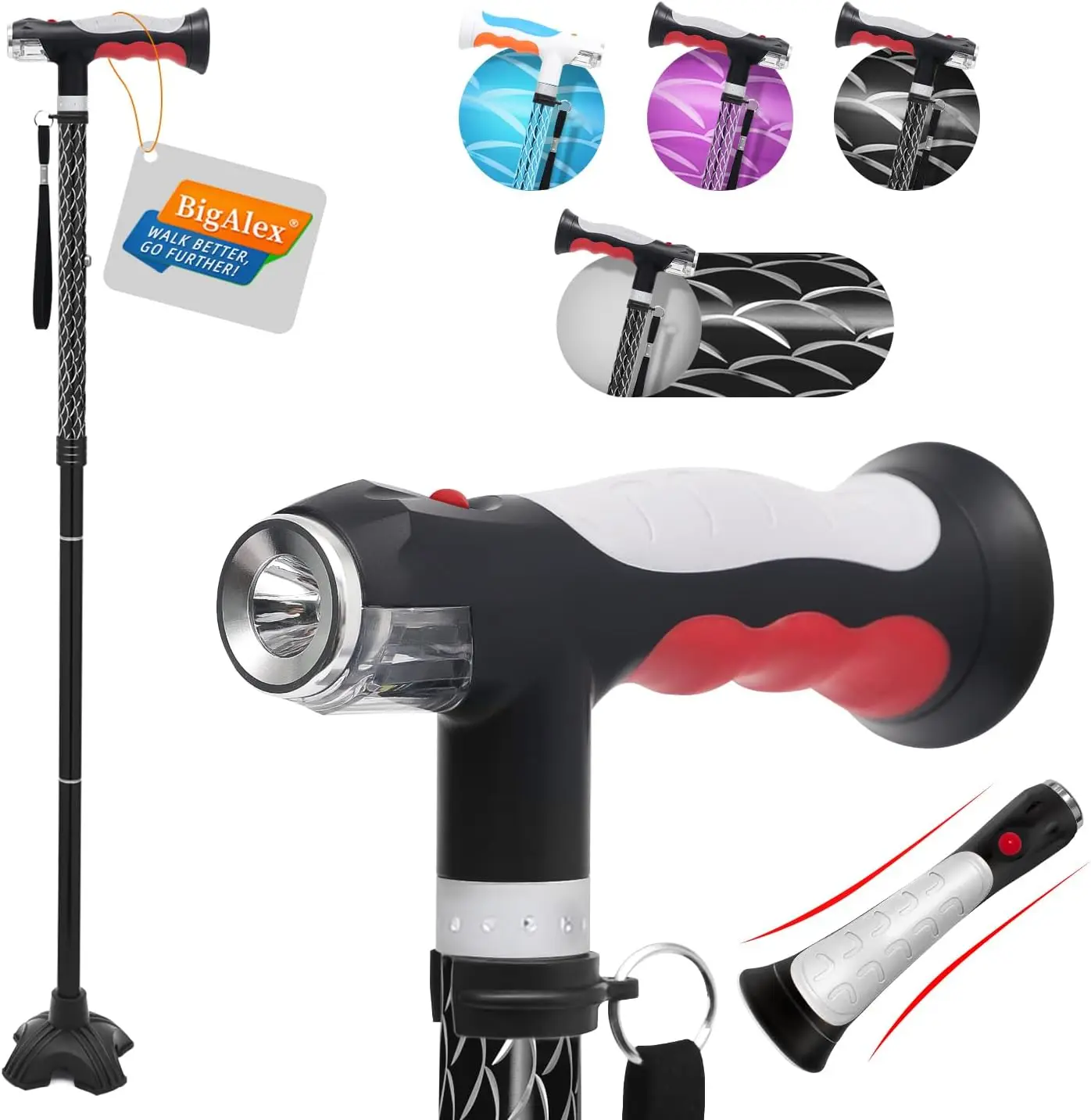 

Регулируемая складная трость со светодиодной подсветкой, эргономичной ручкой и сумкой для переноски для мужчин и женщин