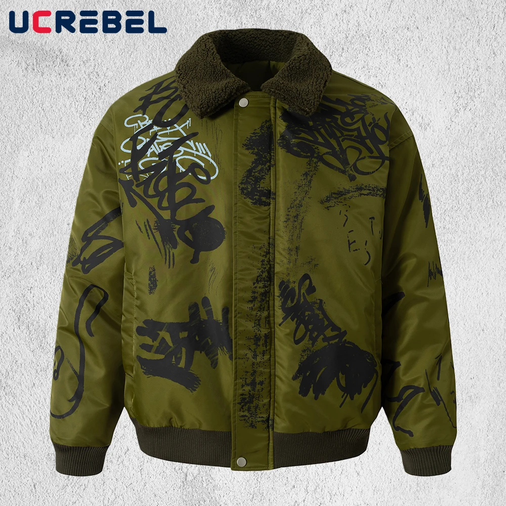 

Letter Graffiti Print Ma-1 Bomber Quilted Jacket Mens Winter Thick Retro High Street Spliced Lapel Long Sleeve Padded Jacket Man