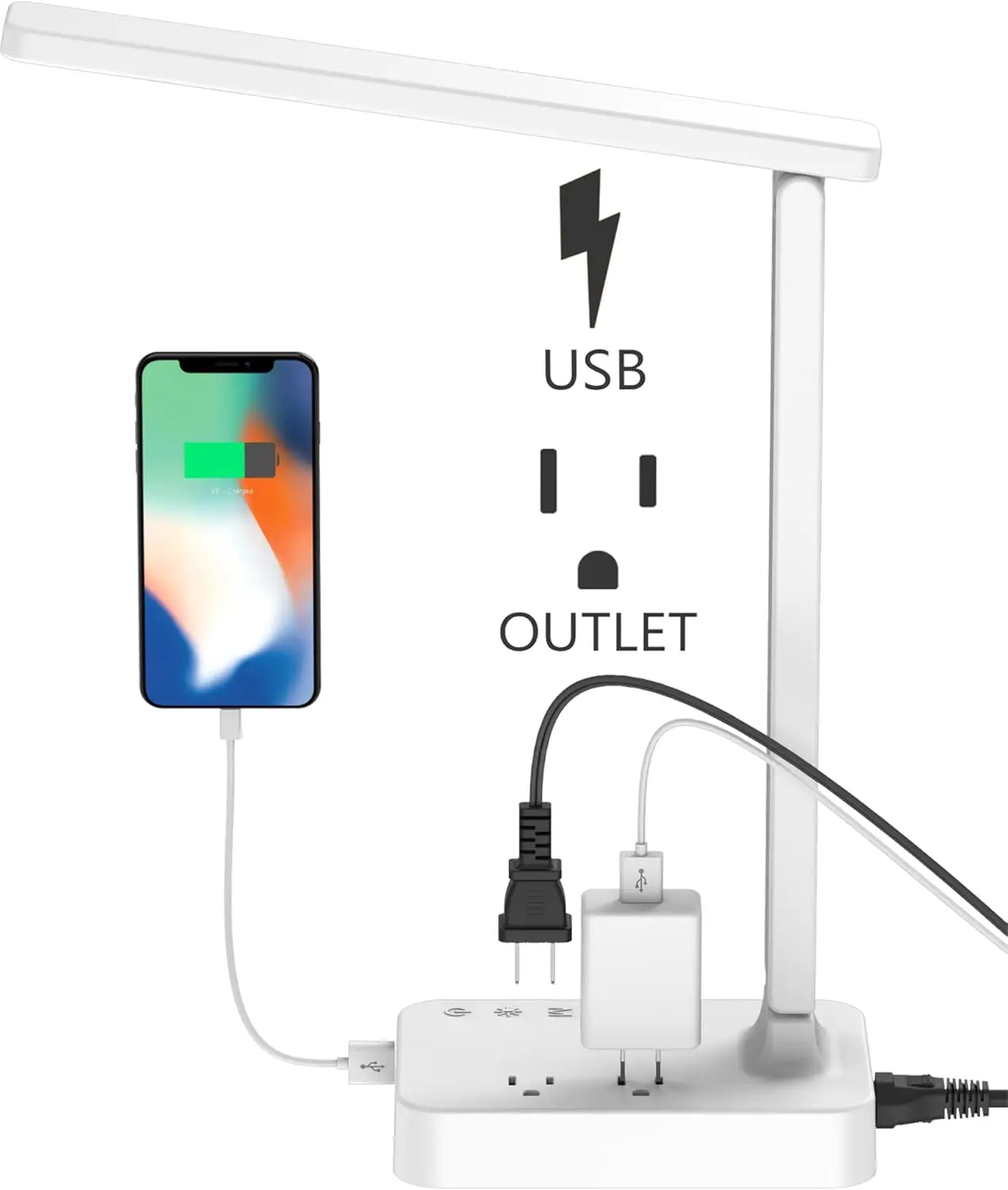 

Складная светодиодная настольная лампа с USB-портом и розетками переменного тока, 3 режима, регулируемая яркость, сенсорное управление для дома и офиса