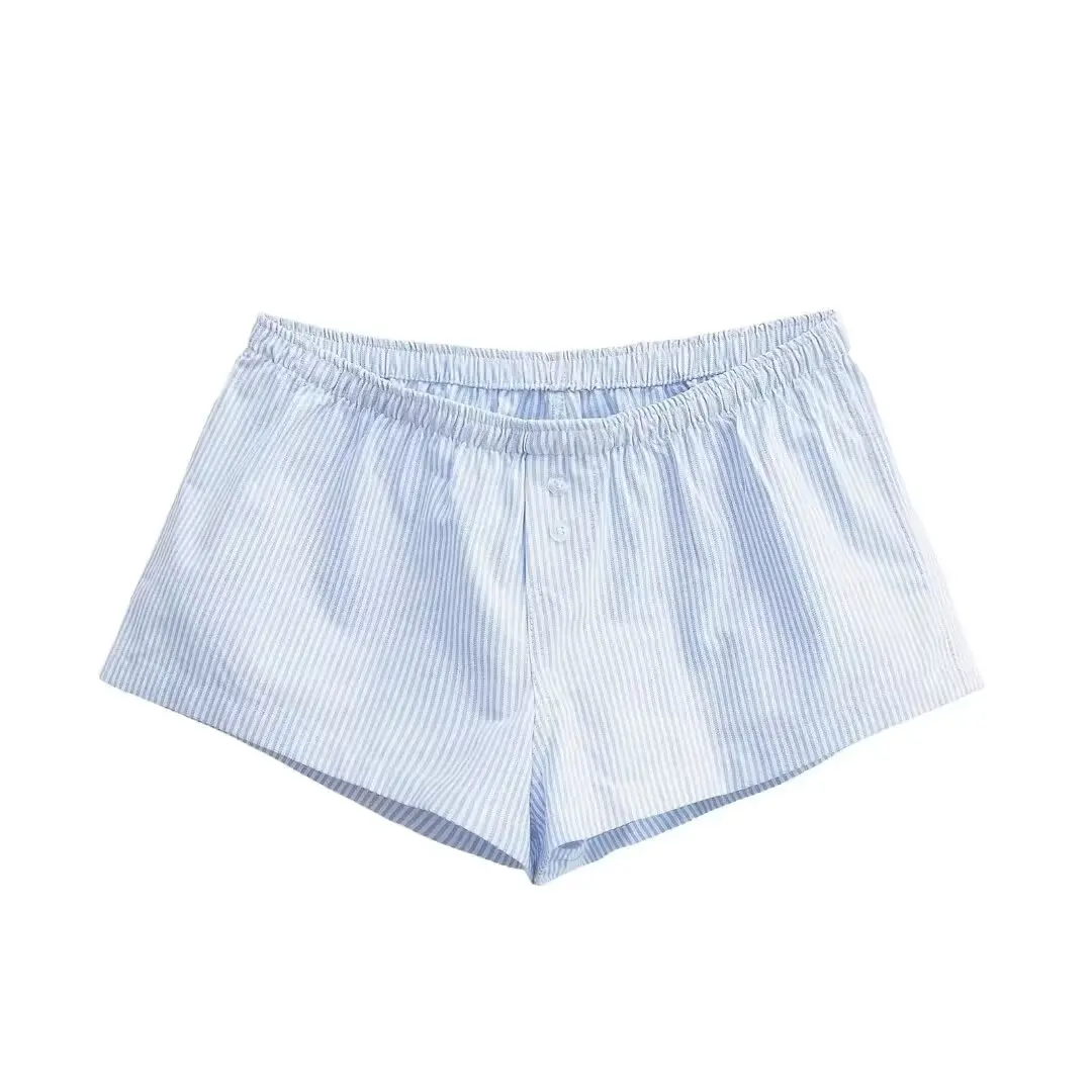 الأمريكية BM Sle مخطط زر منخفضة الخصر واسعة الساق ort السراويل النساء الصيف مريحة عارضة المنزل بوت تنوعا السراويل الساخنة #5